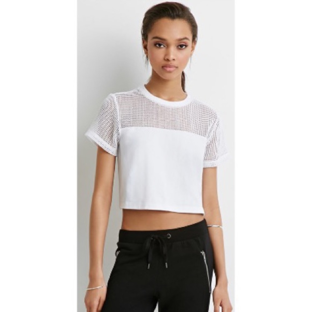 NWOT:Forever 21 White Mesh Paneled Crop Top